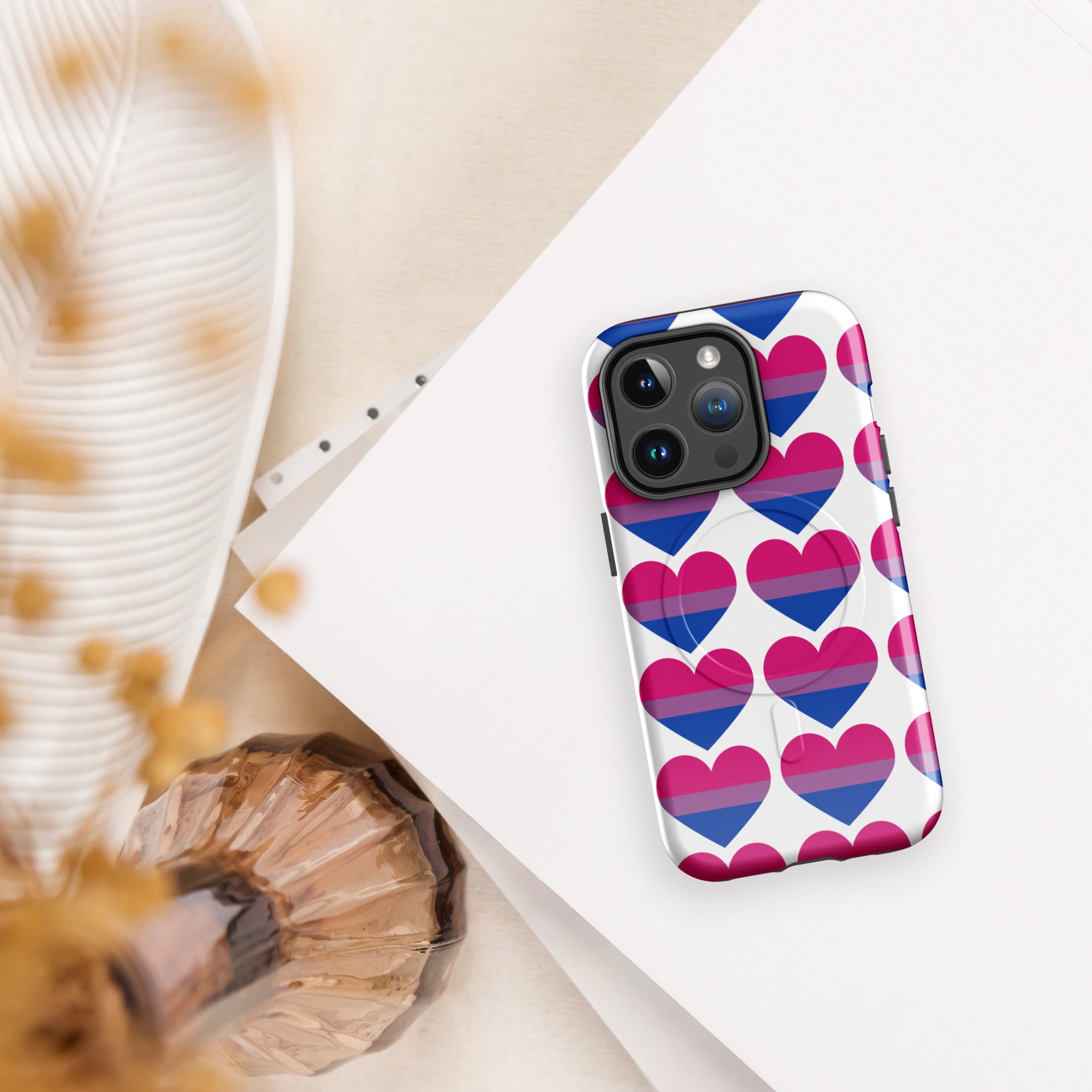 Bi Pride MagSafe iPhone case with bisexual flag heart pattern in pink, purple, and blue - The Yaguar Domain PRIDE collection