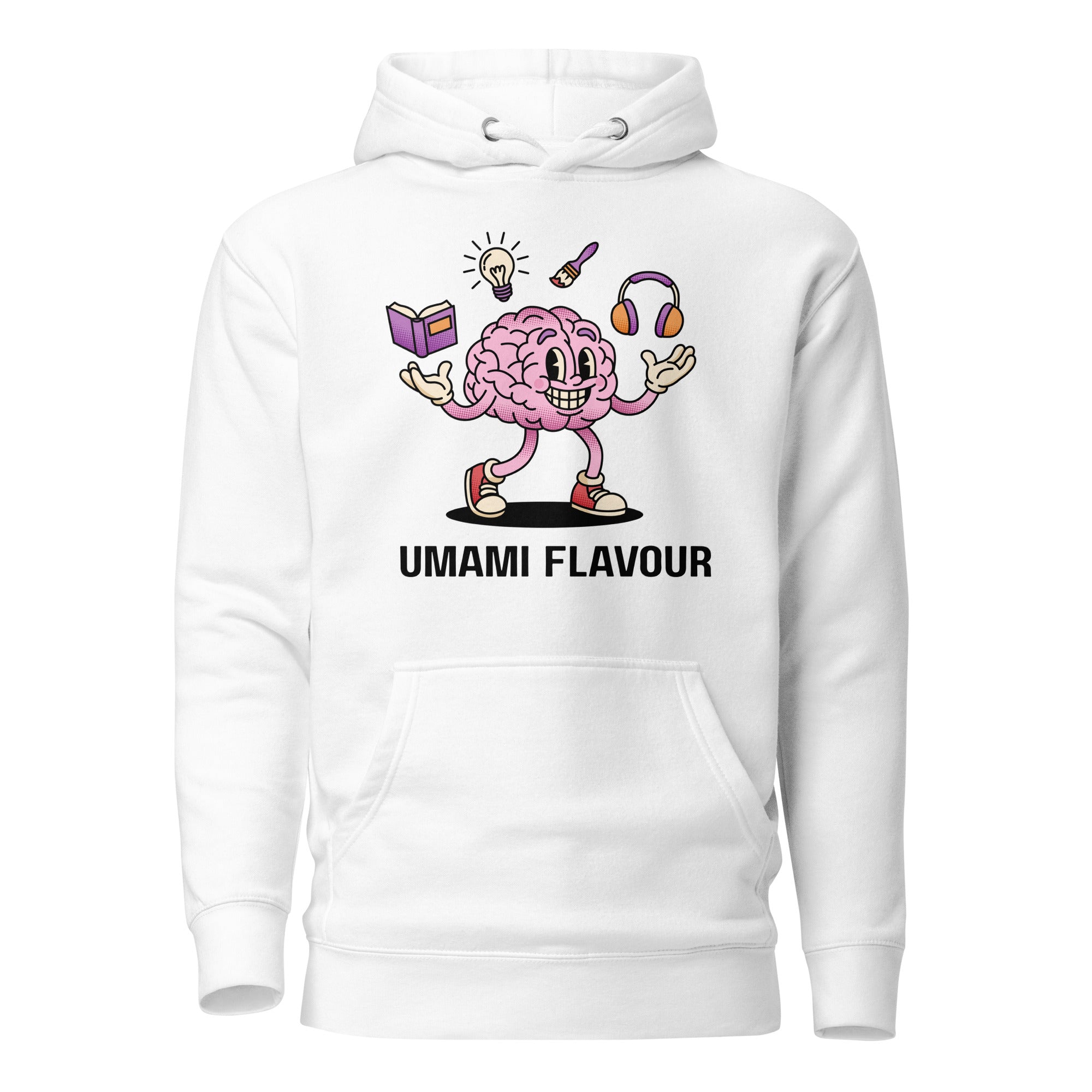 Umami Flavour I hoodie — cartoon brain mascot juggling a book, lightbulb, paintbrush and headphones. Neurodivergent streetwear by The Yaguar Domain.