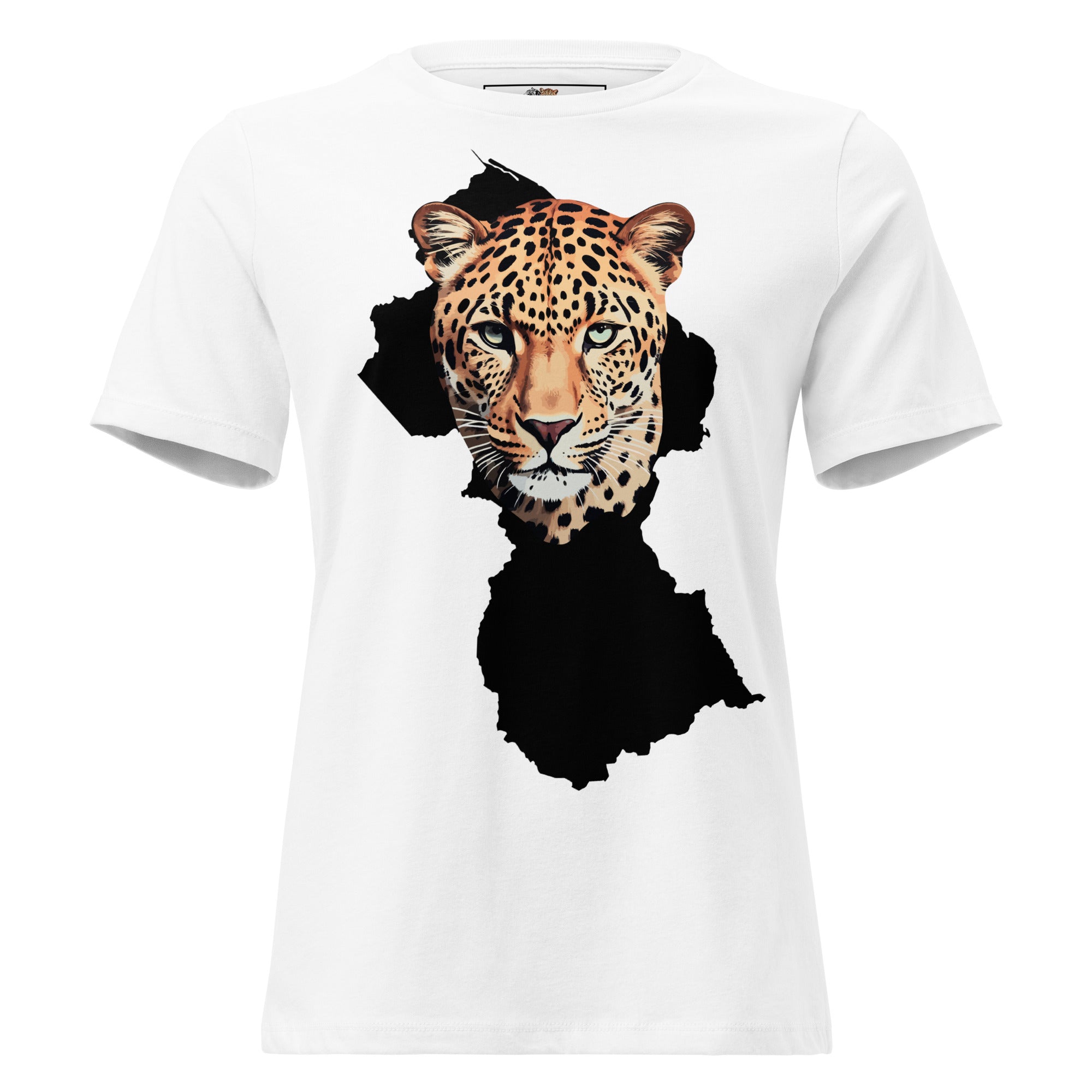 The Mighty Yaguar Guyana Map Tee - jaguar face inside Guyana silhouette on white t-shirt, representing The Yaguar Domain's Caribbean streetwear