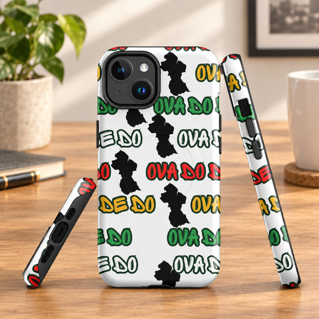 Phone case with colorful text and abstract shapes on a white background