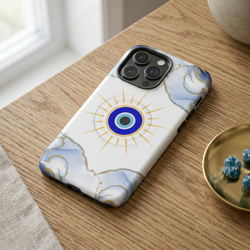 Phone case with blue eye design and marble pattern on a white background