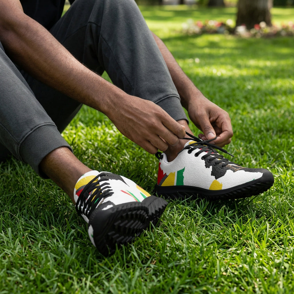 Person wearing colorful sneakers on a dark gray background