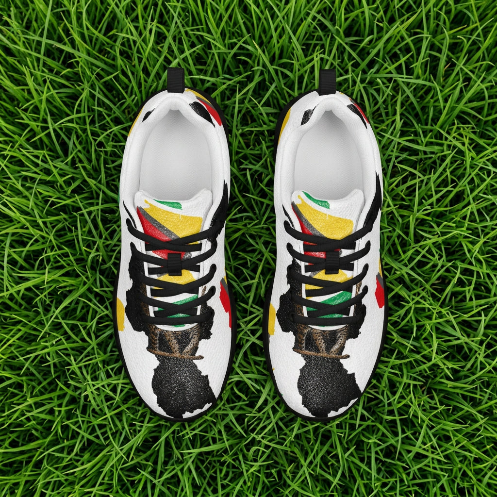 Pair of sneakers with colorful design on a white background