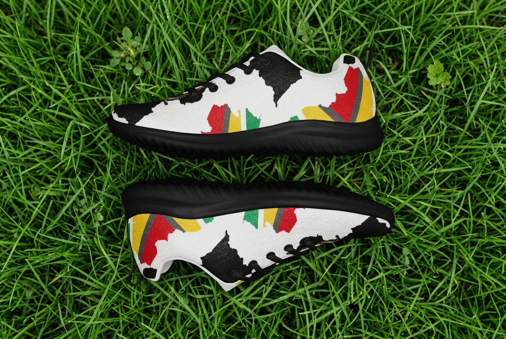 Colorful sneakers with a Guyana map and flag pattern on a white background