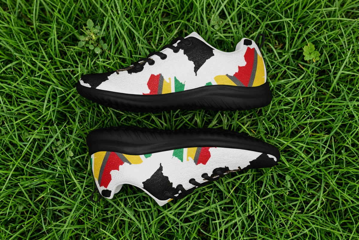 Colorful sneakers with a Guyana map and flag pattern on a white background