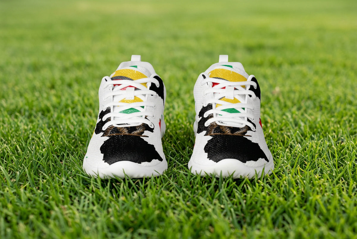 White sneakers with Guyana map design print and colorful accents on a white background