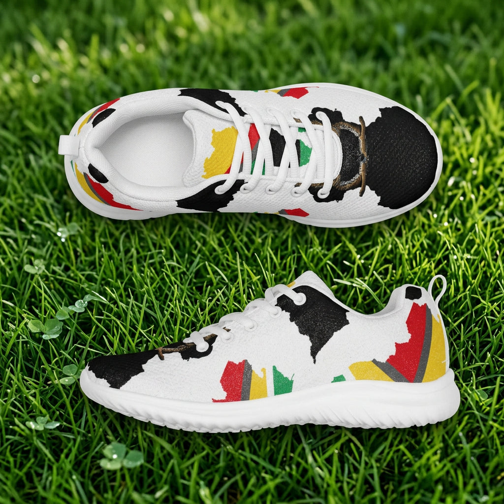 White sneakers with colorful Guyana map and flag abstract pattern on a white background
