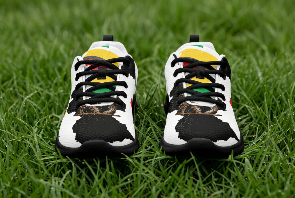 Pair of sneakers with a Guyana map and flag print on a white background