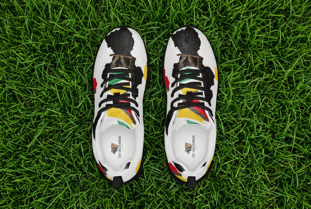 Pair of sneakers with Guyana map and flag design on a white background