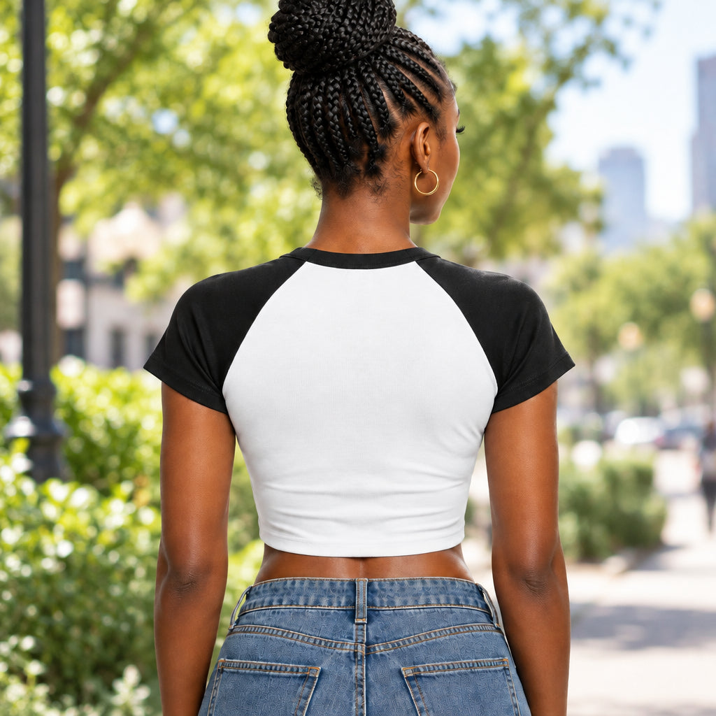 White t-shirt with black sleeves on a white background