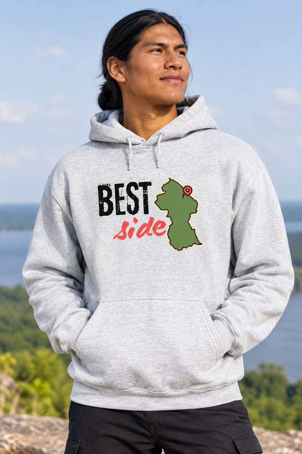 A light heather gray pullover hoodie with a graphic on the chest that reads 'BEST Side' in black and red text, alongside an olive green Guyana map outline with a small red pin detail.
