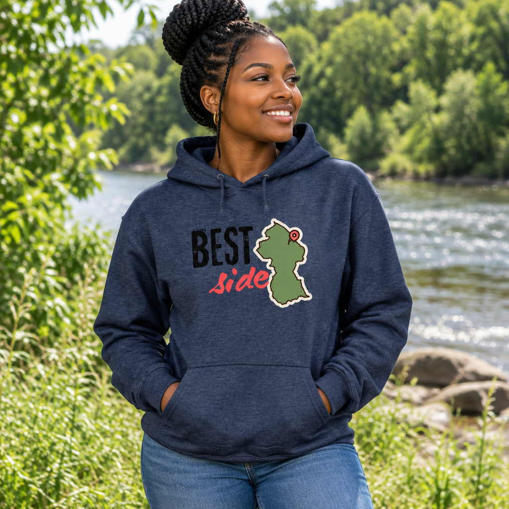 A heathered slate blue hoodie with a front graphic that reads 'BEST side' in black and red, alongside a greenGuyana map shape with a red pin.