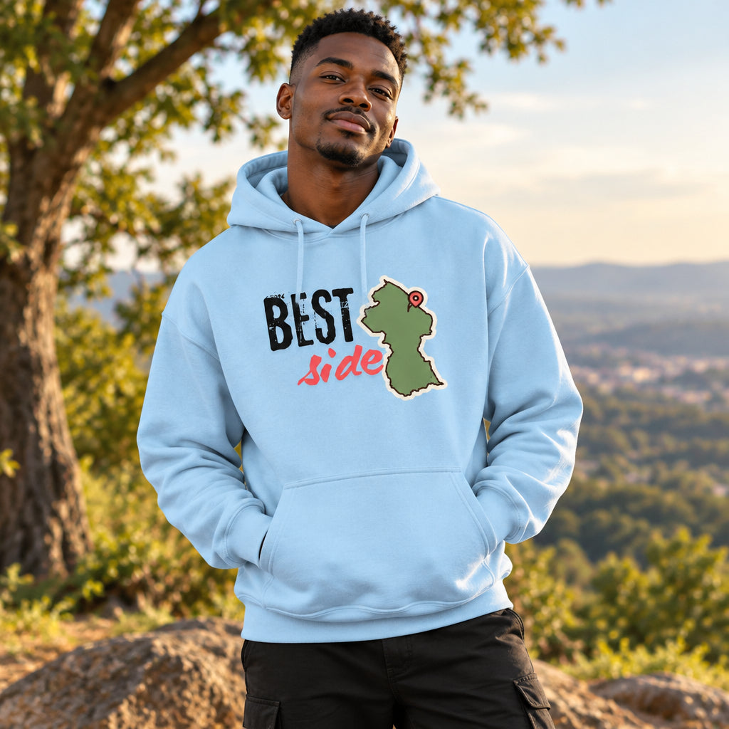A light blue pullover hoodie with a graphic on the chest that reads 'BEST side' in black and red text next to an outline map of Guyana with a red pin, shown on a plain white background.