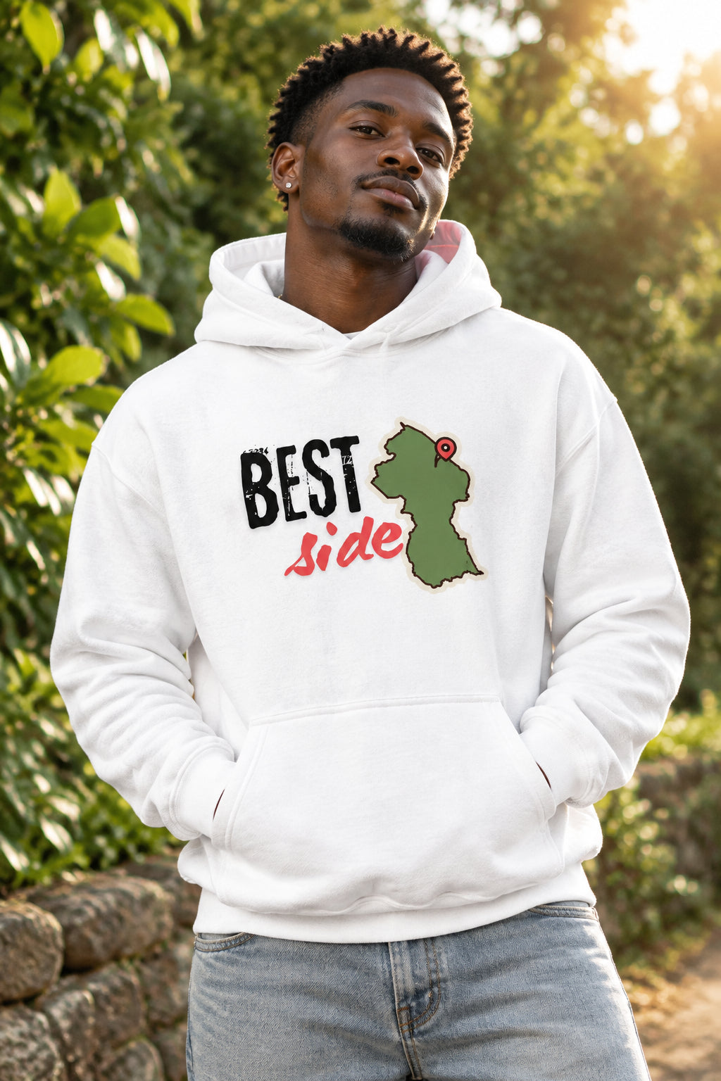 A white pullover hoodie with a graphic on the chest that reads 'BEST Side' in black and red text, alongside an olive green Guyana map-shaped outline with a small red pin detail, shown on a plain white background.