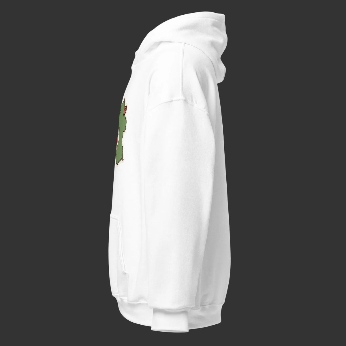 White hoodie with a small logo on the chest against a white background