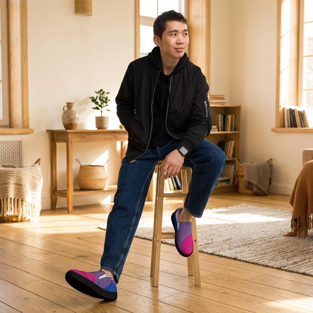 Person wearing black jacket, blue jeans, and purple shoes sitting on a wooden stool against a gray background