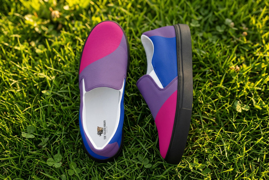 Colorful slip-on shoes with a visible brand logo on a white background