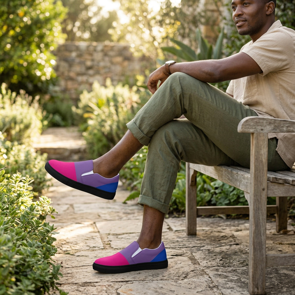Colorful slip-on shoes with pink, purple, and blue design on a white background