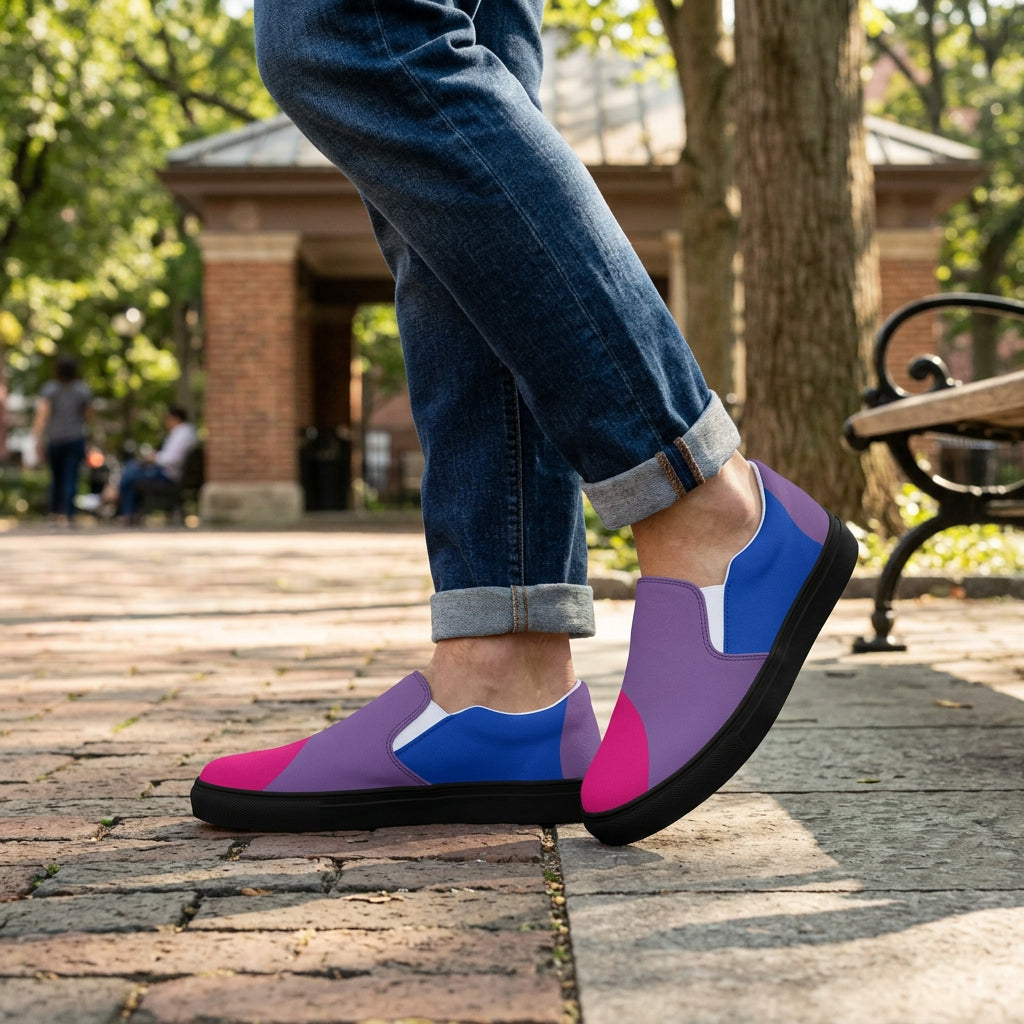 Colorful slip-on shoes with purple, blue, and pink design on a white background