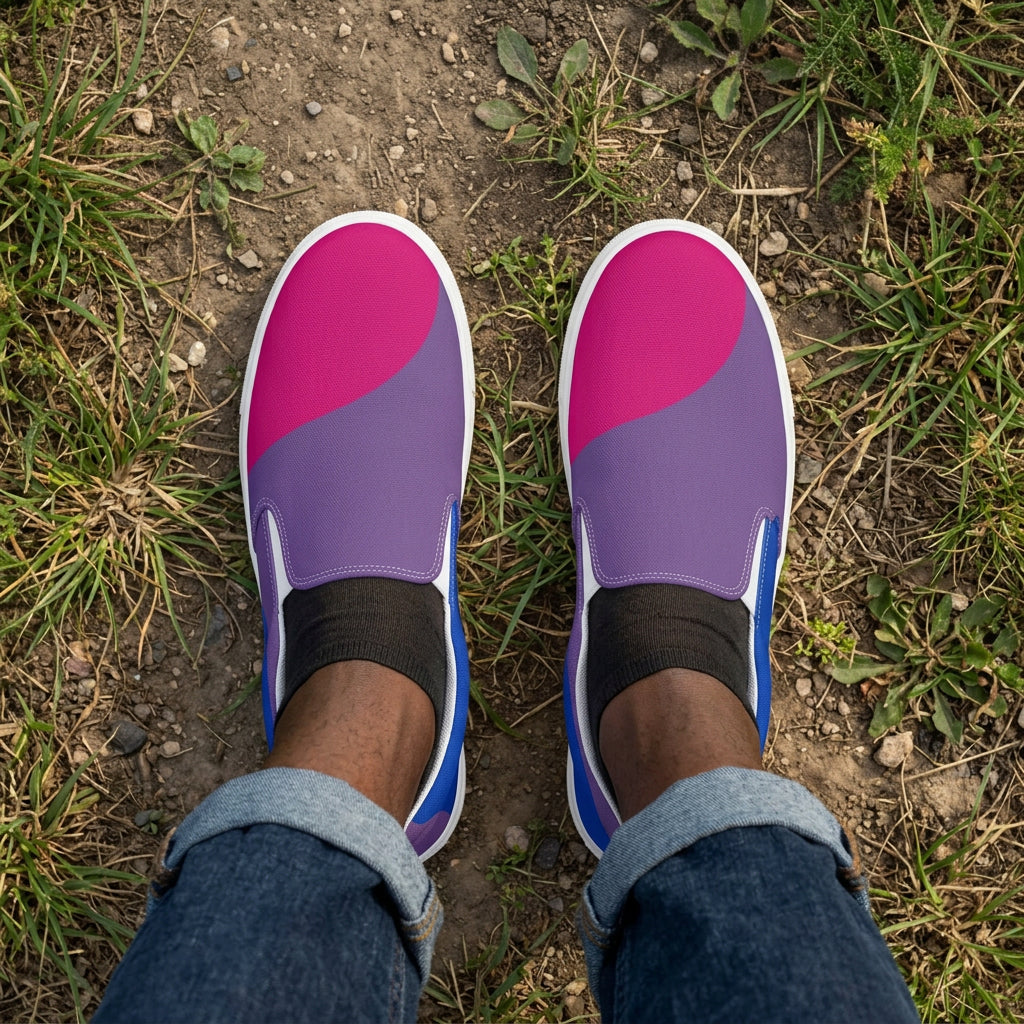 Purple and pink slip-on shoes on a white background