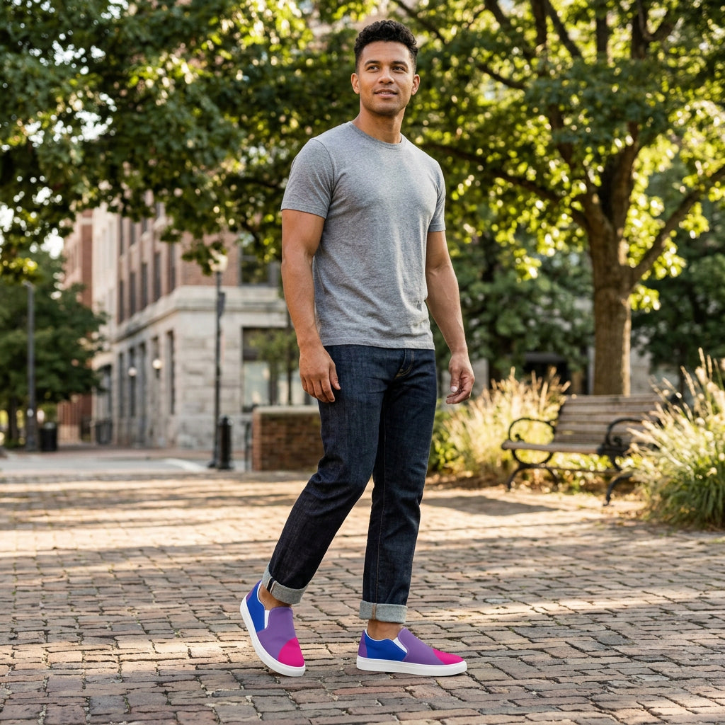 Colorful slip-on sneakers with purple, blue, and pink design on a white background