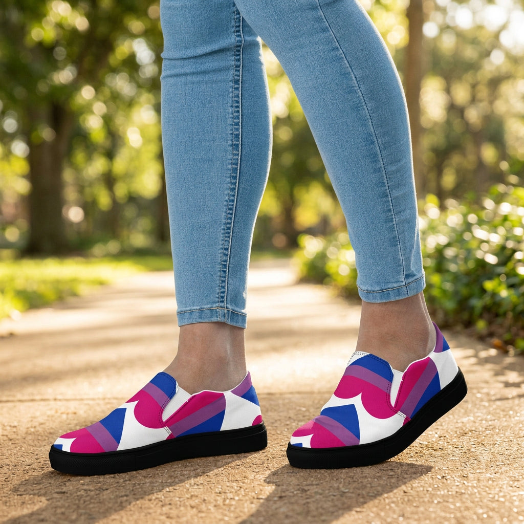 Colorful patterned shoes worn with blue jeans on a white background