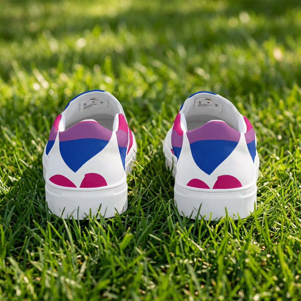 White sneakers with blue and pink geometric pattern on a white background