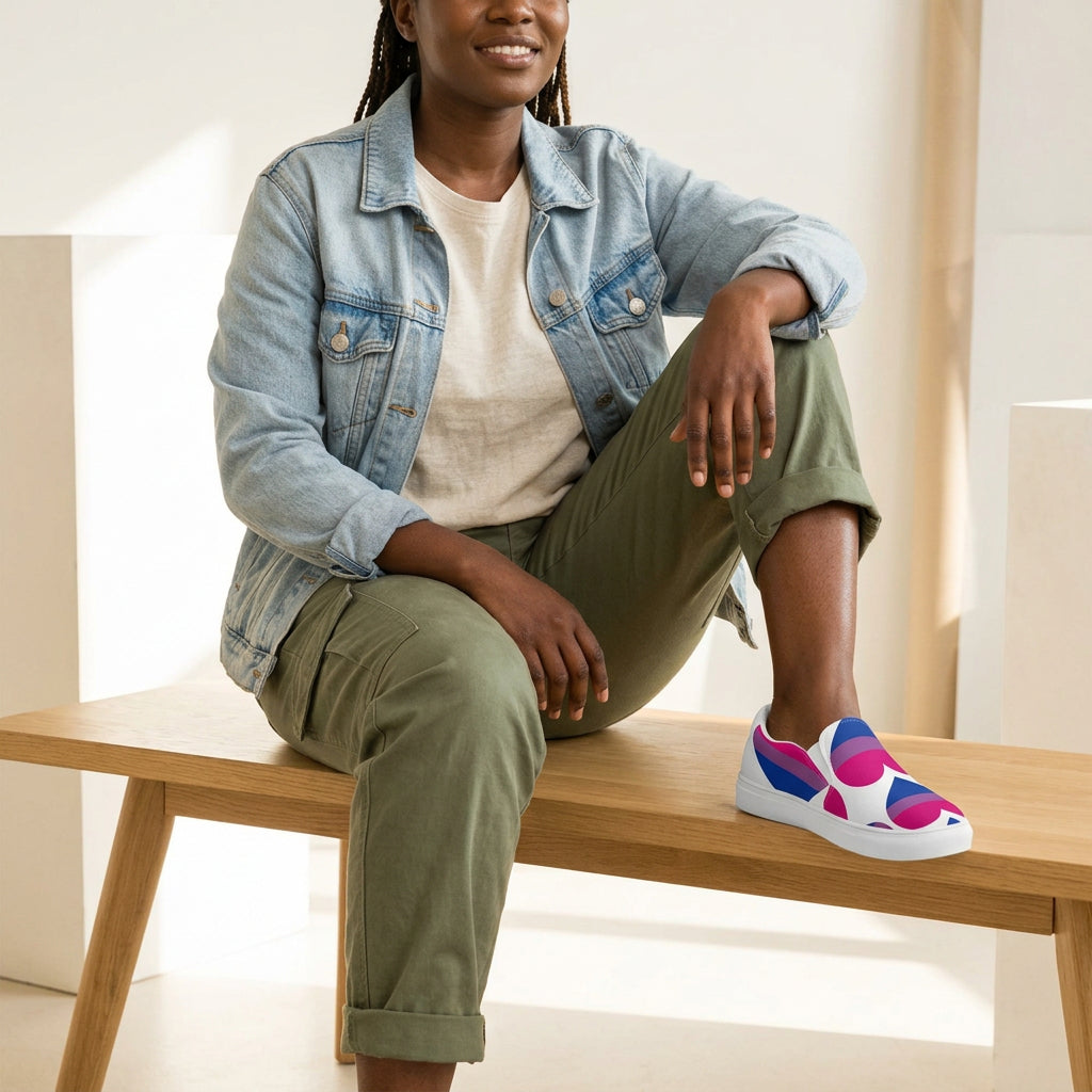 White slip-on shoes with pink, blue, and purple heart designs on a white background