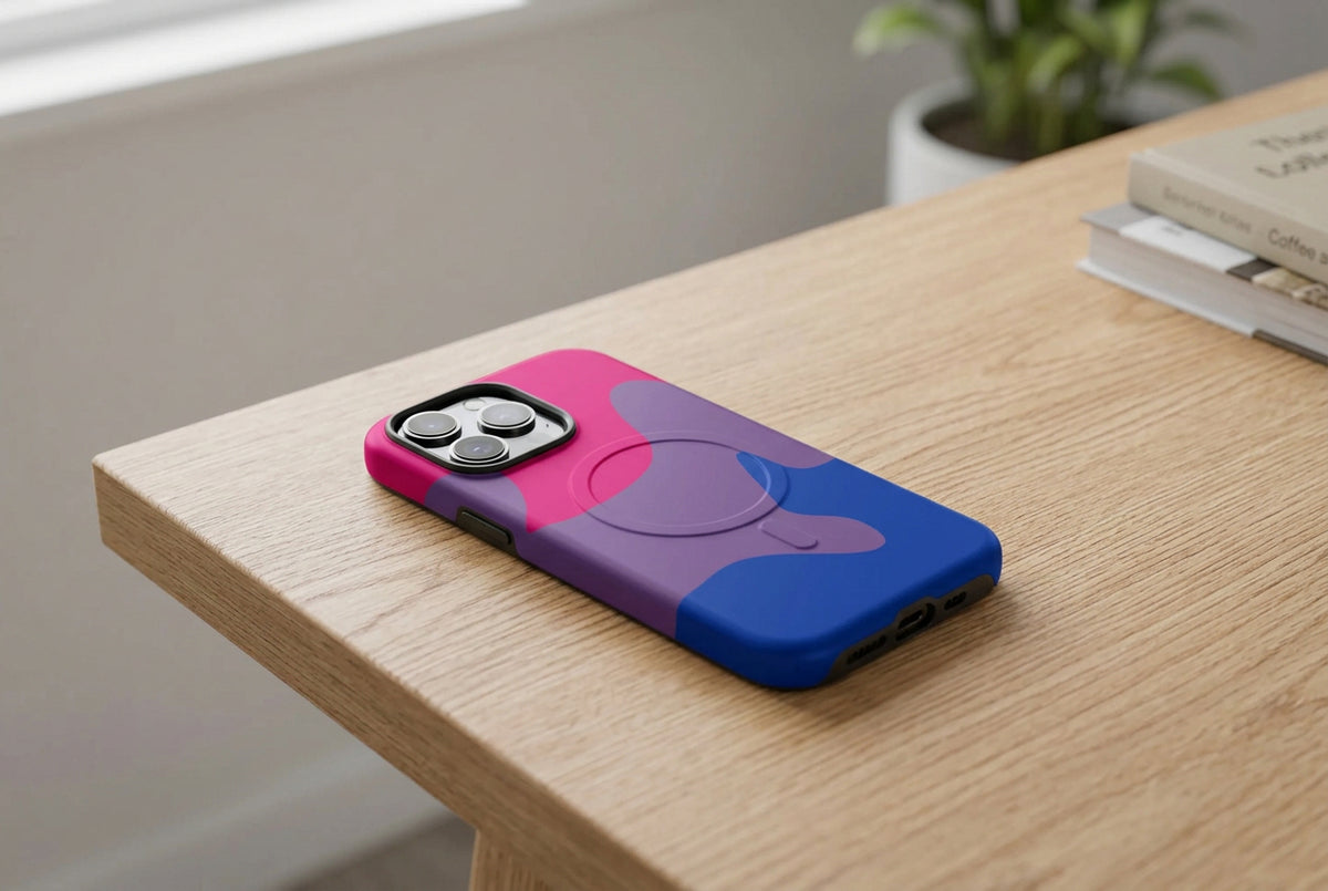 Phone case with pink, purple, and blue design on a white background