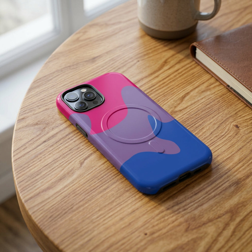 Phone case with pink, purple, and blue design on a white background