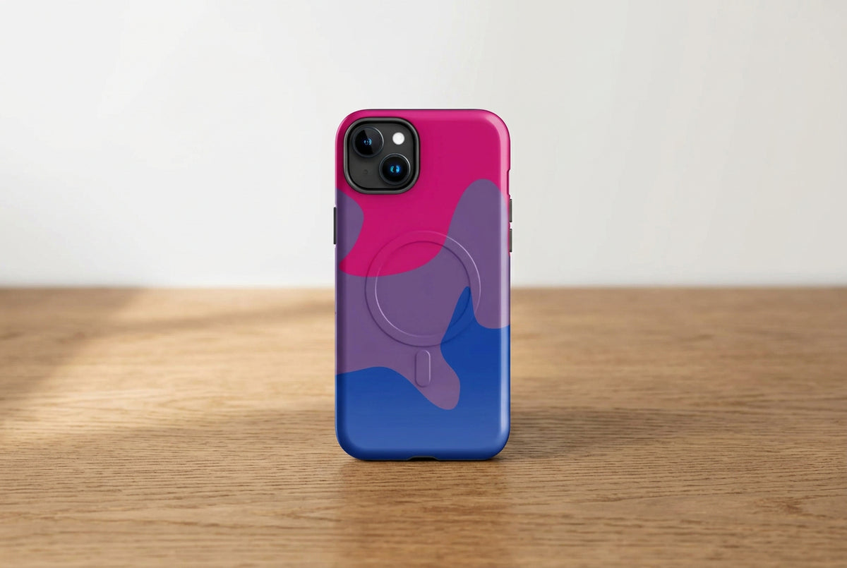 Phone case with pink, purple, and blue design on a white background