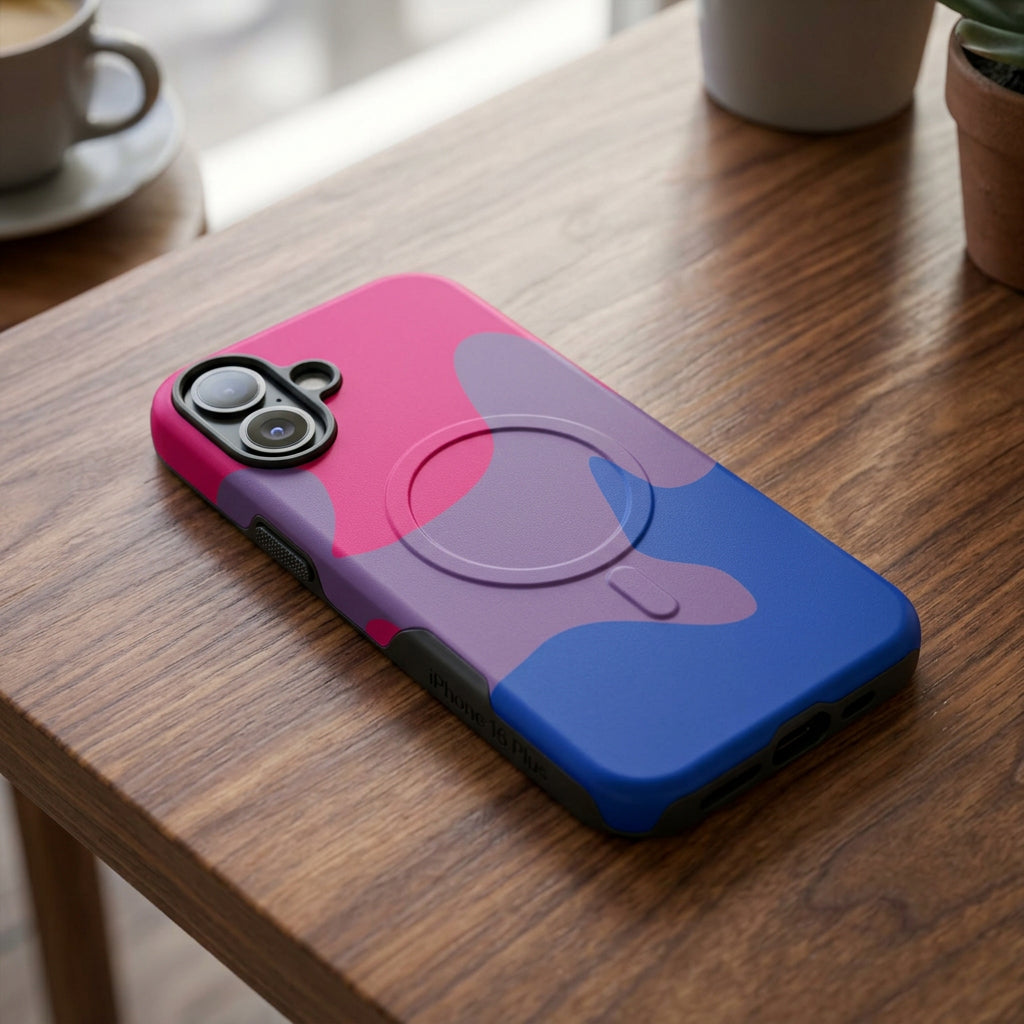 Phone case with pink, purple, and blue design on a white background