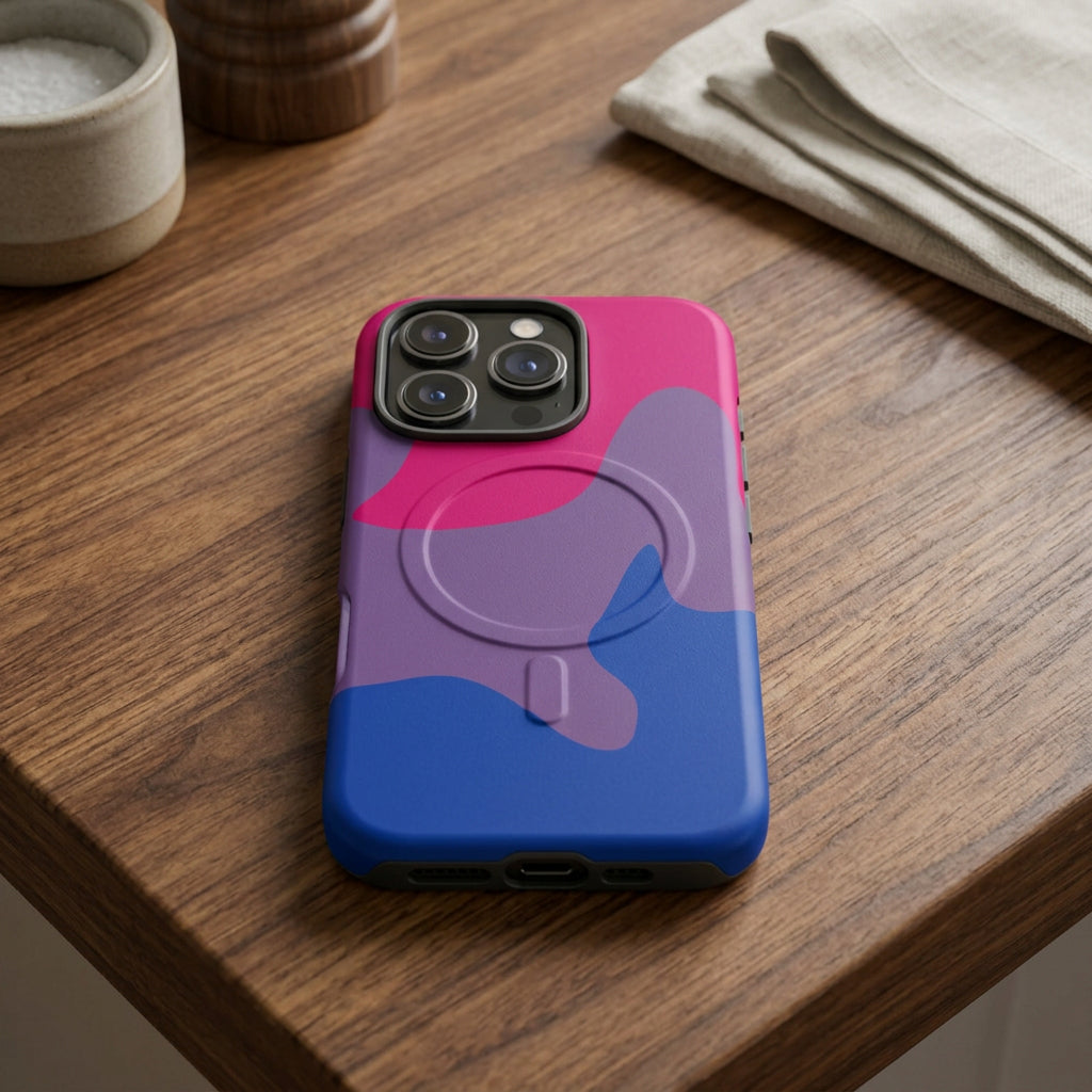 Phone case with pink, purple, and blue design on a white background
