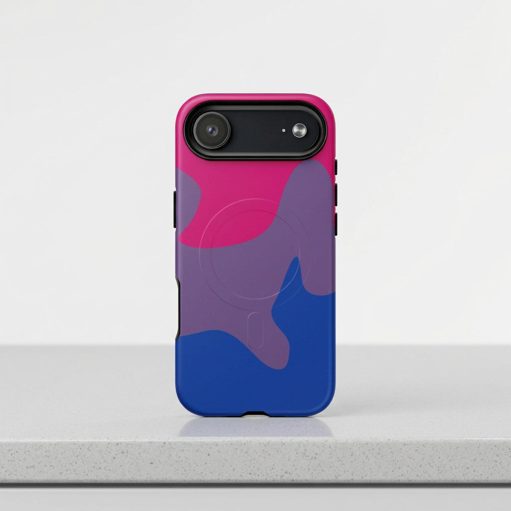 Phone case with pink, purple, and blue abstract design on a white background