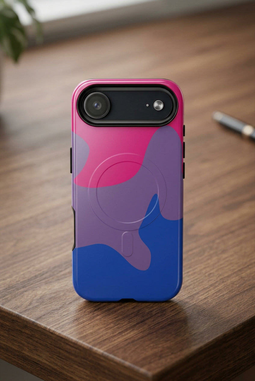 Phone case with pink and blue abstract design on a white background