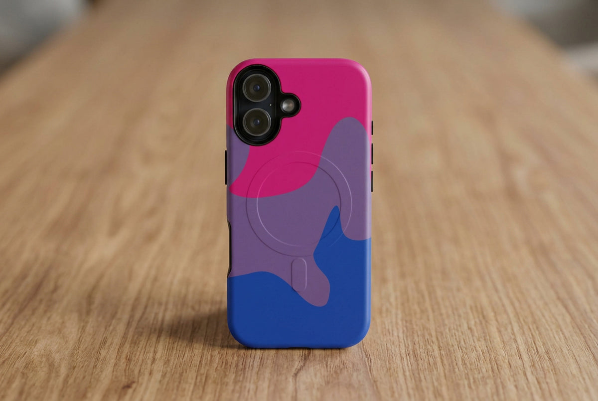 Phone case with pink, purple, and blue design on a white background