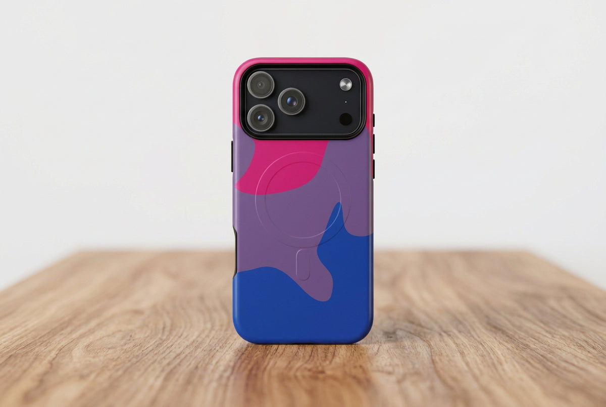 Phone case with pink and blue abstract design on a white background