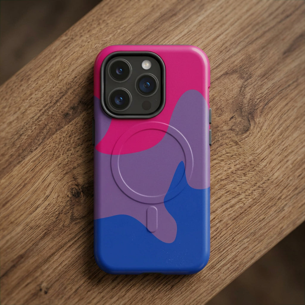 Phone case with pink, purple, and blue design on a white background