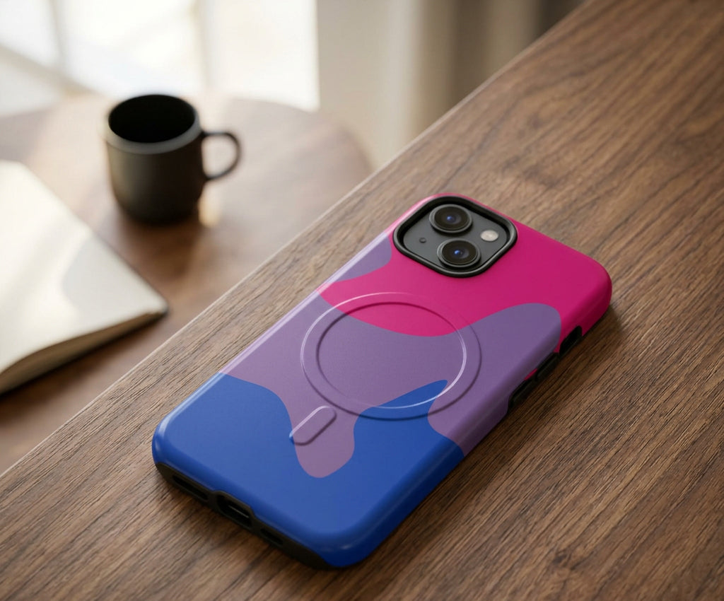 Phone case with pink, purple, and blue gradient on a white background