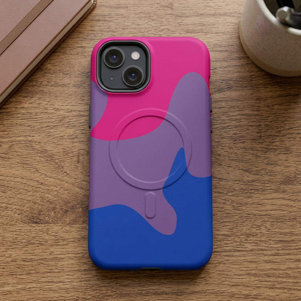 Phone case with pink, purple, and blue design on a white background