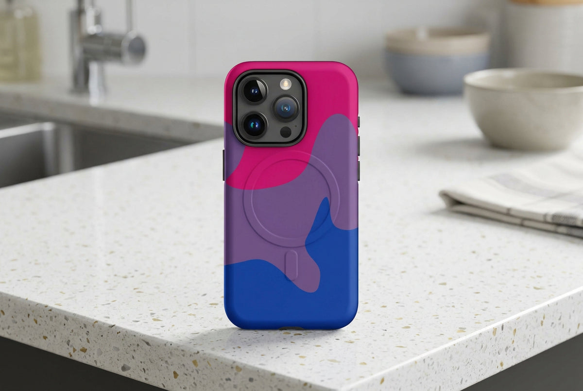 Phone case with pink, purple, and blue design on a white background