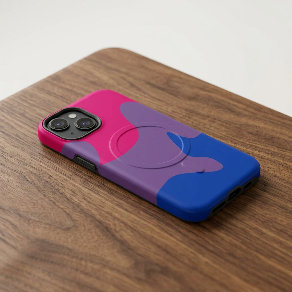 Phone case with pink, purple, and blue design on a white background
