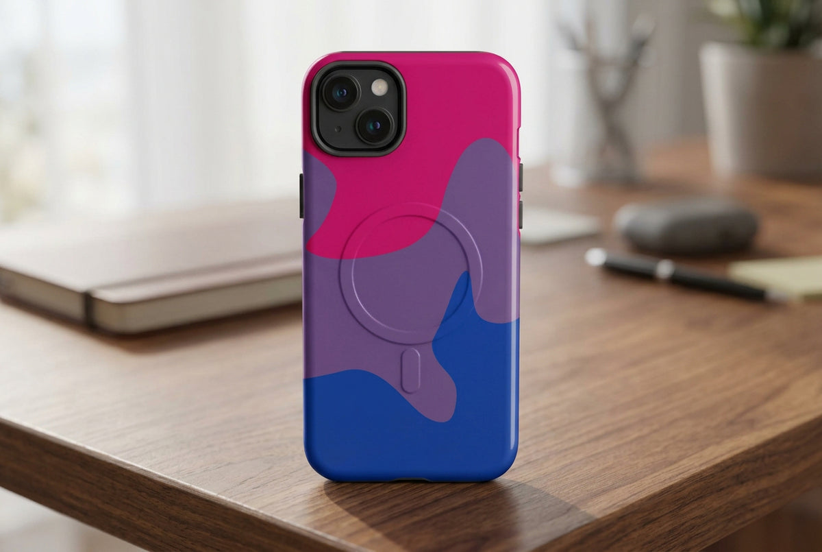 Phone case with pink, purple, and blue design on a white background