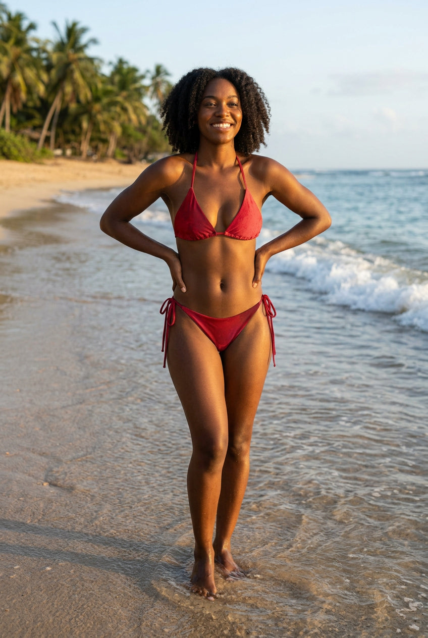 Red bikini set on woman standing on beach