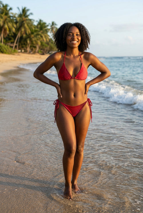 Red bikini set on woman standing on beach