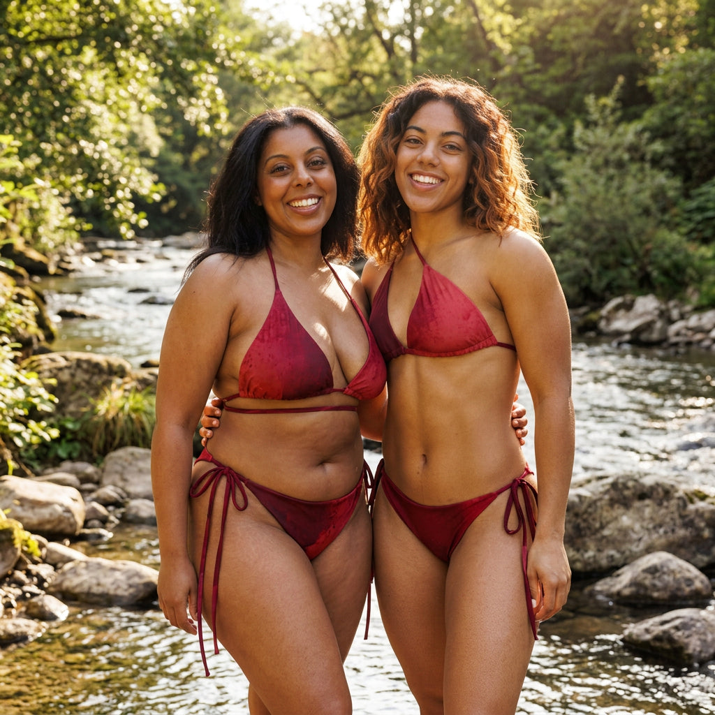 Two women wearing red bikini sets