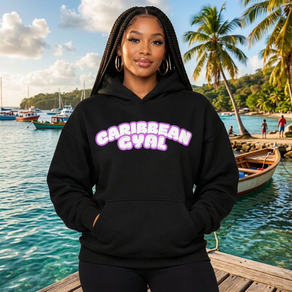 Black hoodie with 'Caribbean Gyal' text 