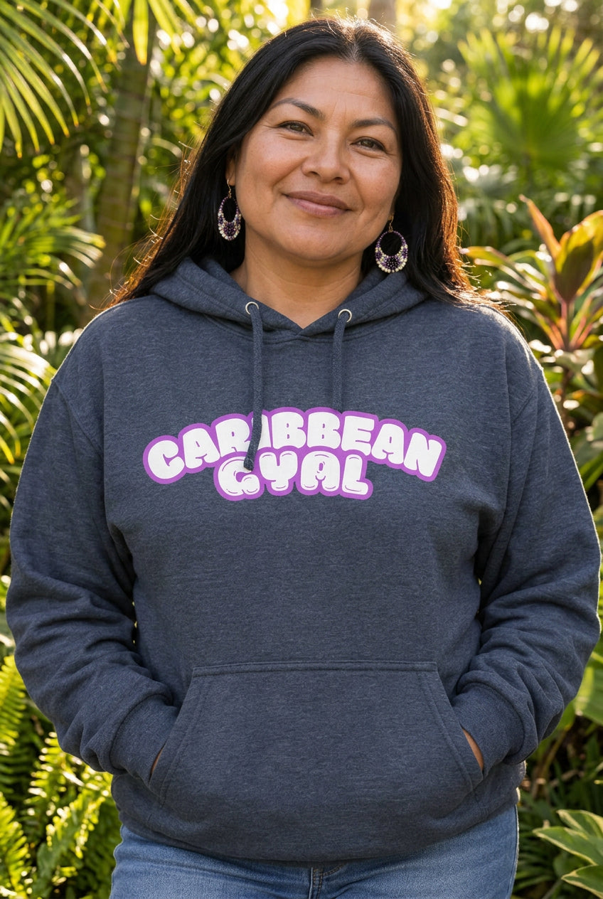 Dark gray hoodie with 'Caribbean Gyal' text on a white background