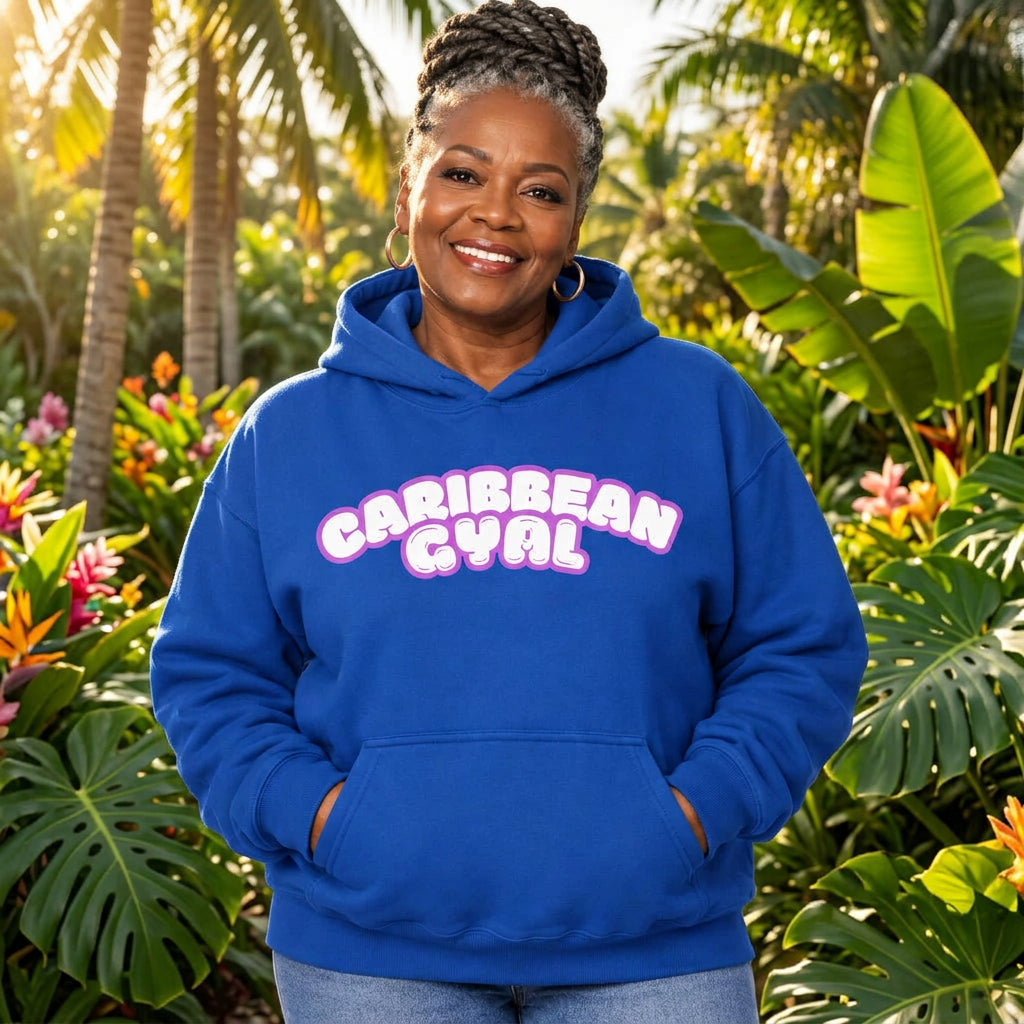 A royal blue pullover hoodie with a front kangaroo pocket and a hood, featuring the text 'CARIBBEAN GYAL' printed across the chest in a pink bubble font with a white outline.