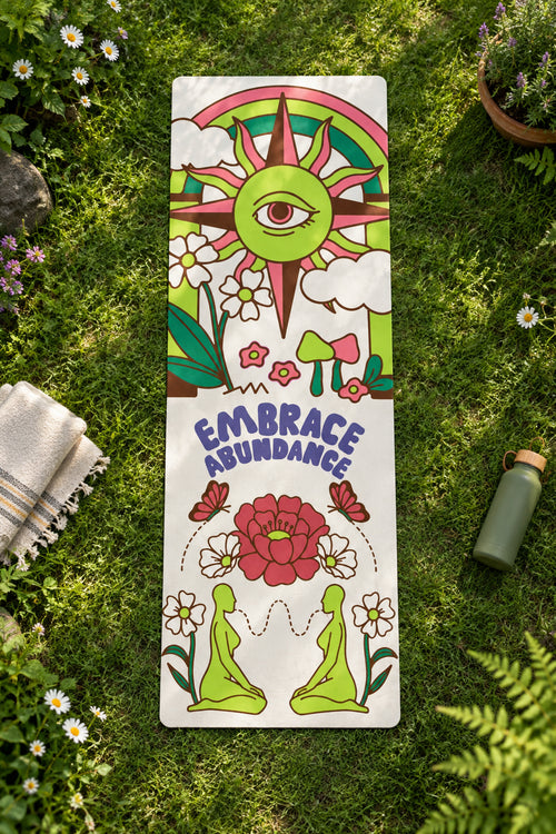 Sticker with colorful design featuring flowers, a sun, and the text 'Embrace Abundance' on a white background.